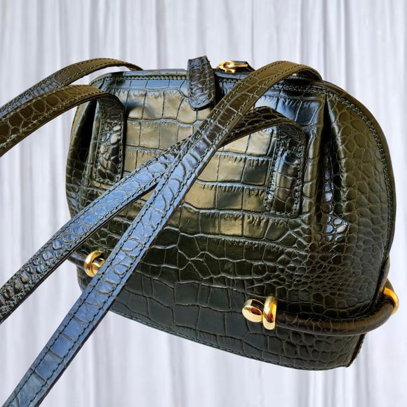 Bally Vintage Italy Croc Embossed Leather Shoulder Handbag Zipper - Picture 5 of 13